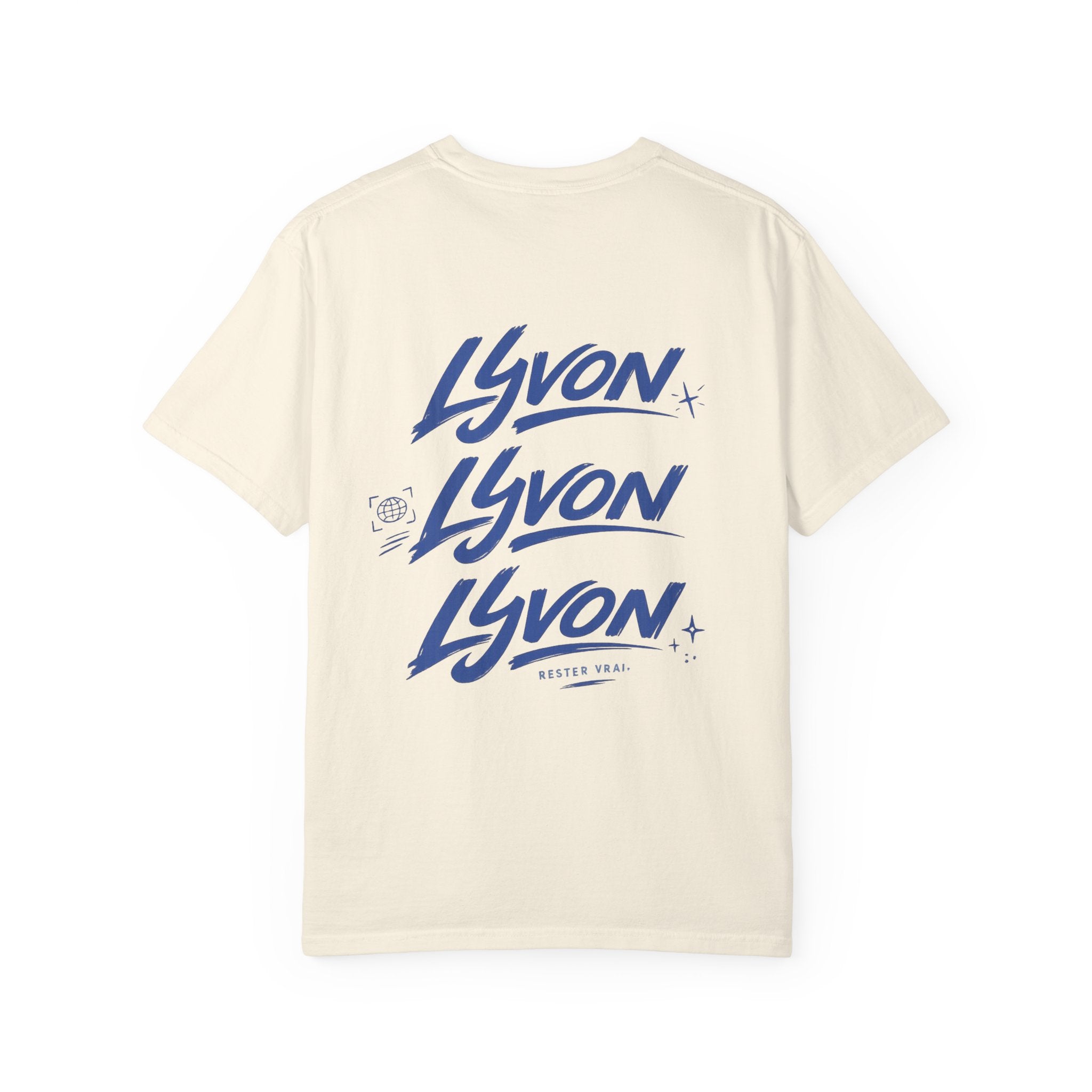 Lyvon Script Logo T‑Shirt — Retro Blue Graphic Tee (Front Chest & Back Print)