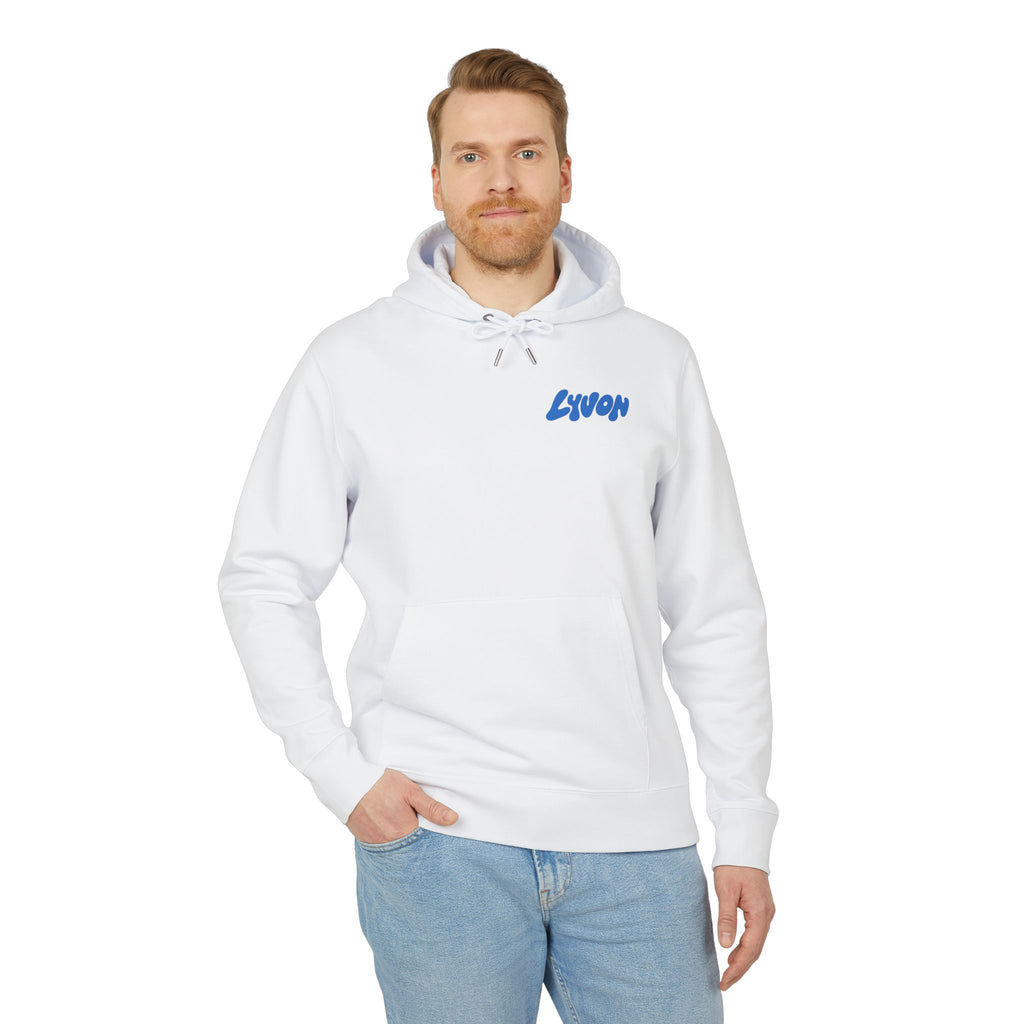Hoodie — Retro Bubble Logo Hoodie ("LYUON" Blue on White)