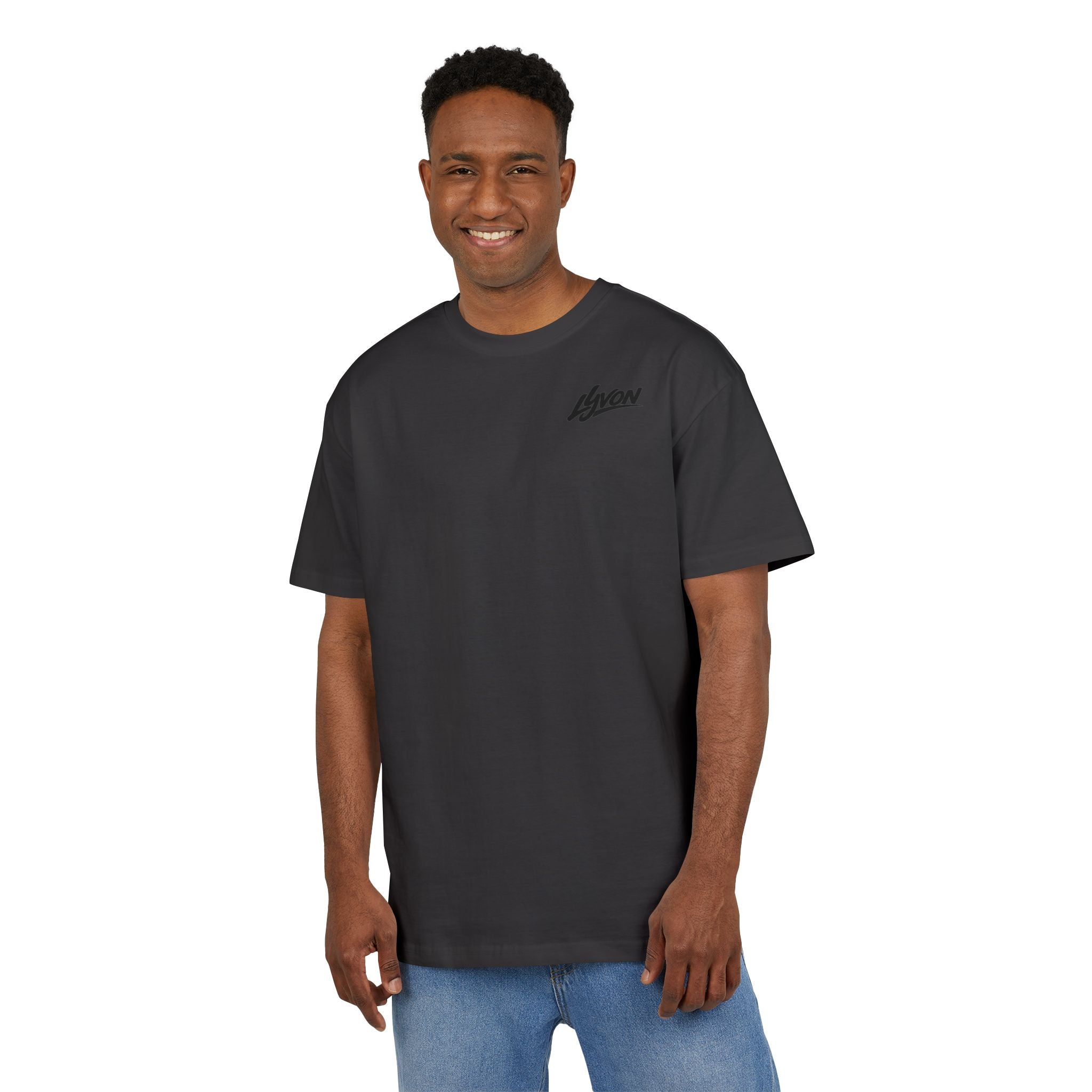 Oversized Tee — Black Wavy "LYUON" Logo Graphic