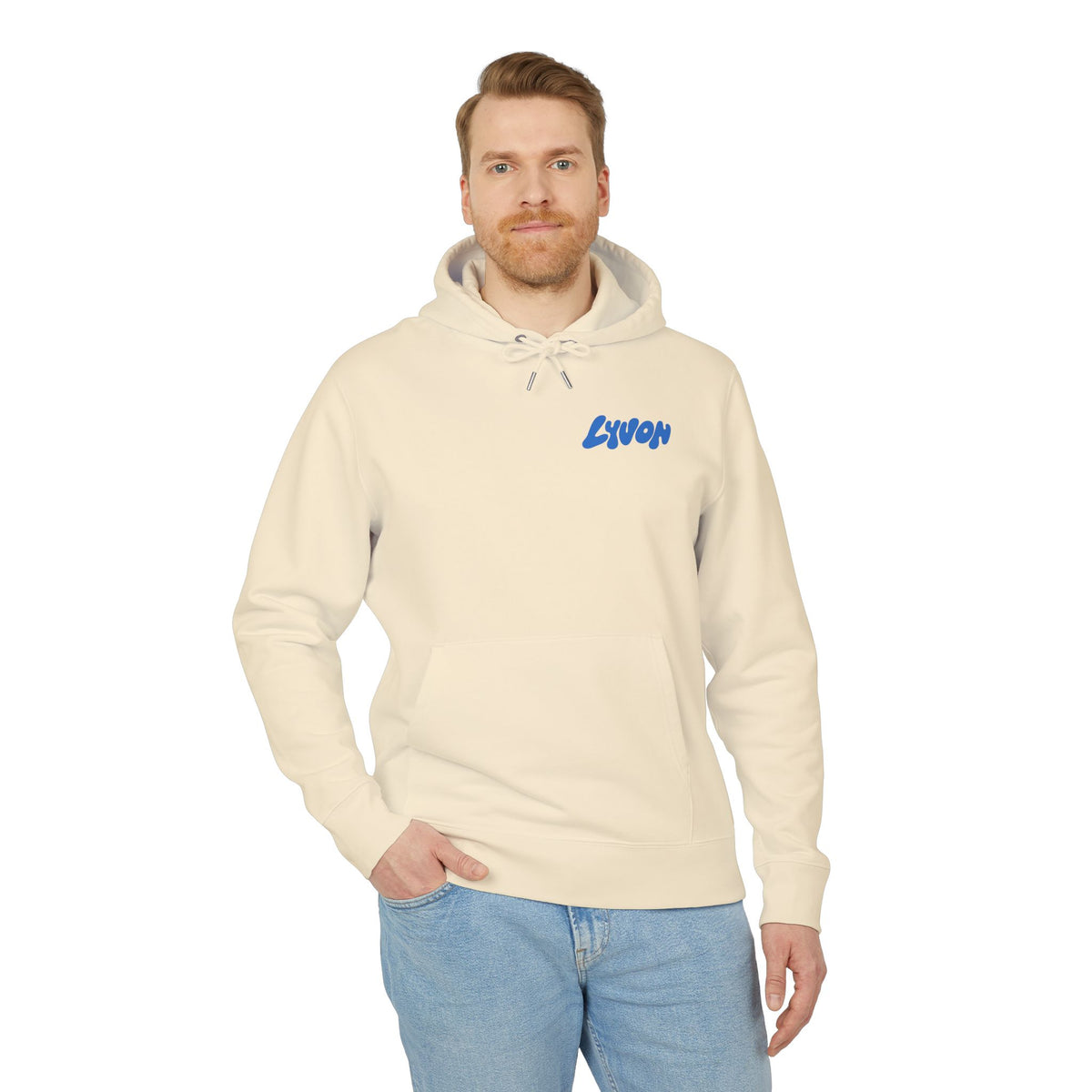 Hoodie — Retro Bubble Logo Hoodie ("LYUON" Blue on White)