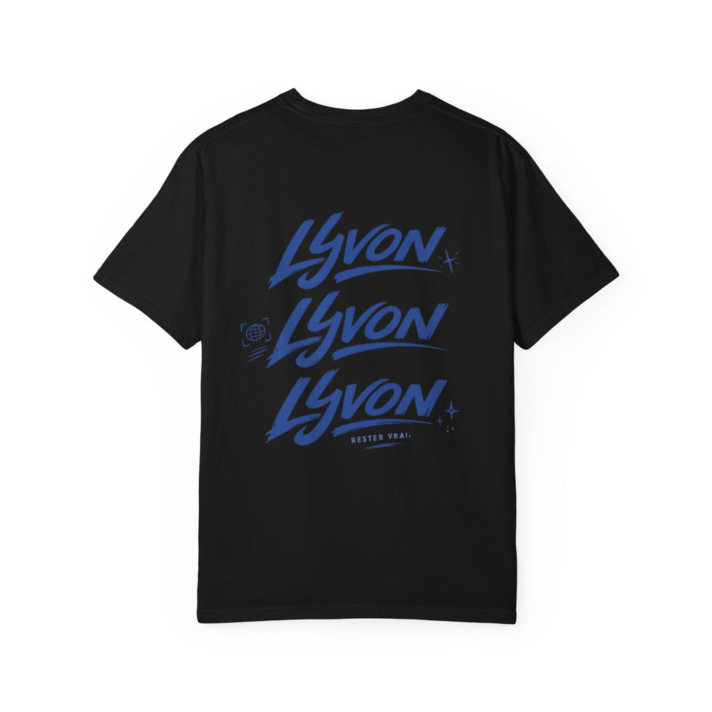Lyvon Script Logo T‑Shirt — Retro Blue Graphic Tee (Front Chest & Back Print)