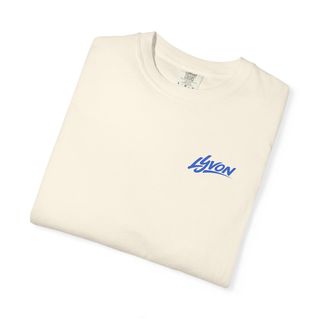 Lyvon Script Logo T‑Shirt — Retro Blue Graphic Tee (Front Chest & Back Print)