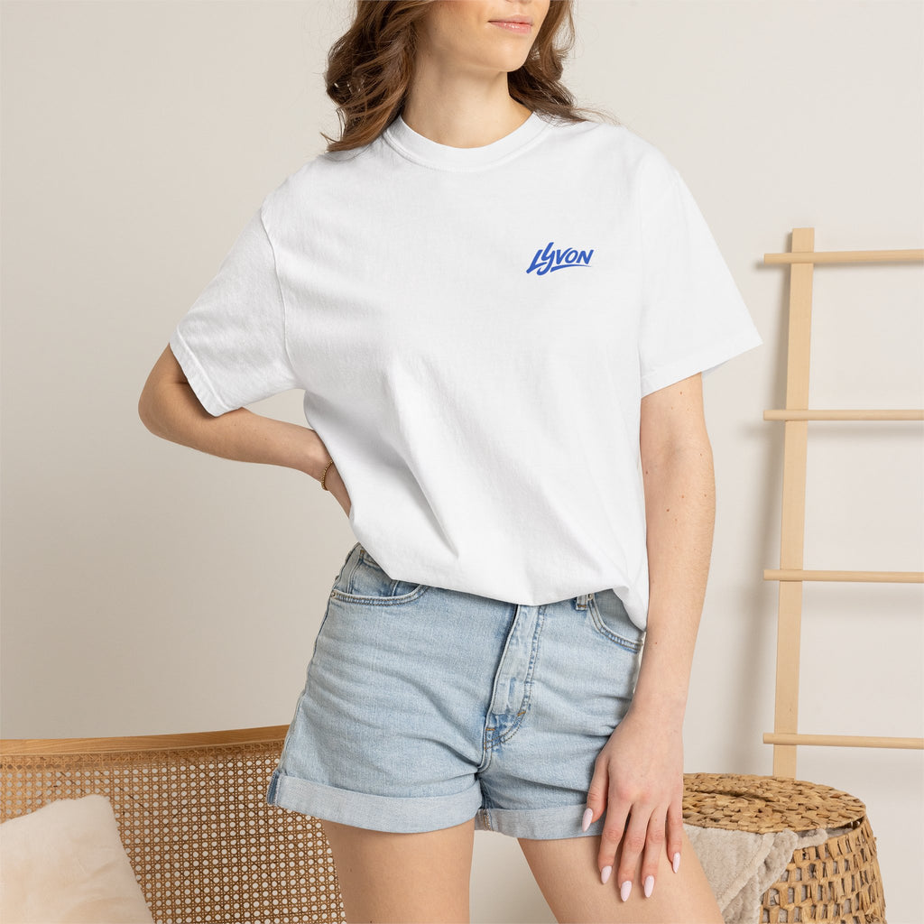 Lyvon Script Logo T‑Shirt — Retro Blue Graphic Tee (Front Chest & Back Print)