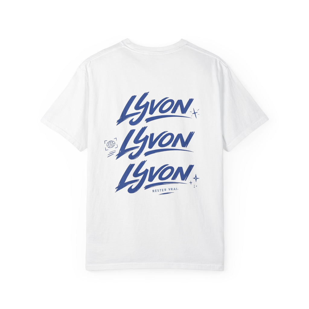 Lyvon Script Logo T‑Shirt — Retro Blue Graphic Tee (Front Chest & Back Print)