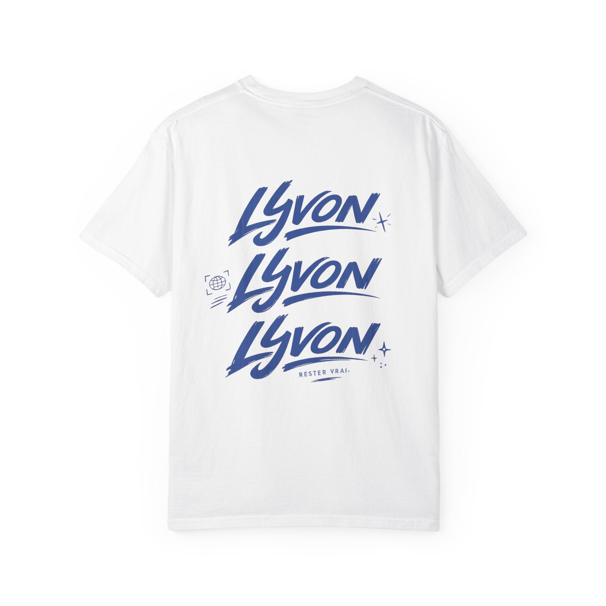 Lyvon Script Logo T‑Shirt — Retro Blue Graphic Tee (Front Chest & Back Print)