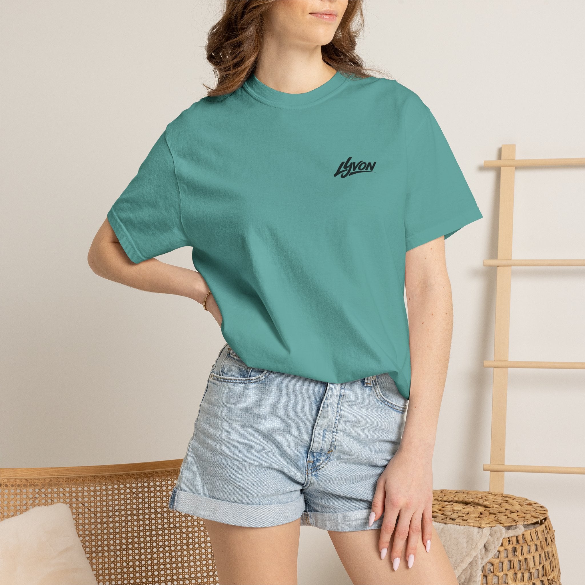 Copy of Lyvon Script Logo T‑Shirt — Retro Blue Graphic Tee (Front Chest & Back Print)