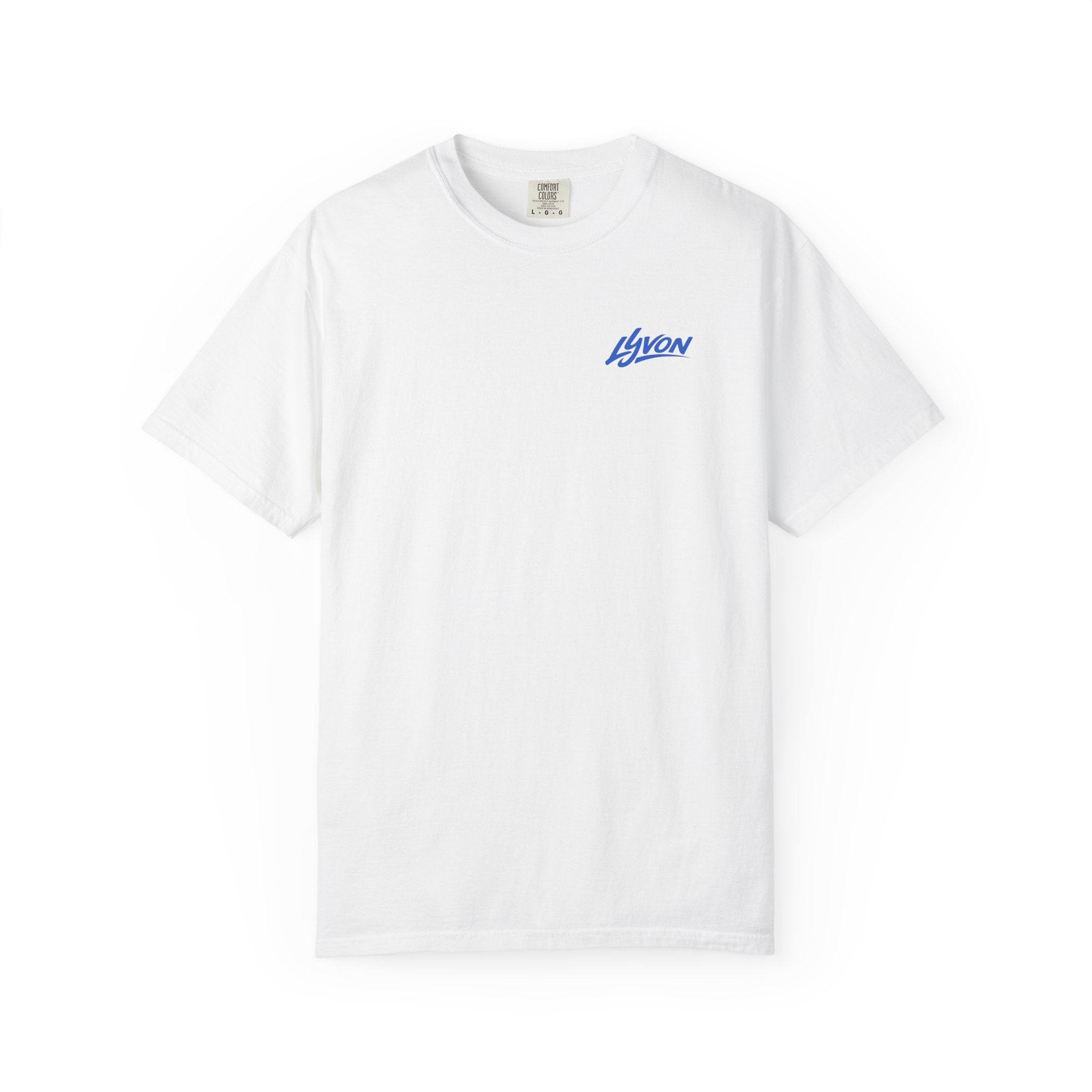 Lyvon Script Logo T‑Shirt — Retro Blue Graphic Tee (Front Chest & Back Print)