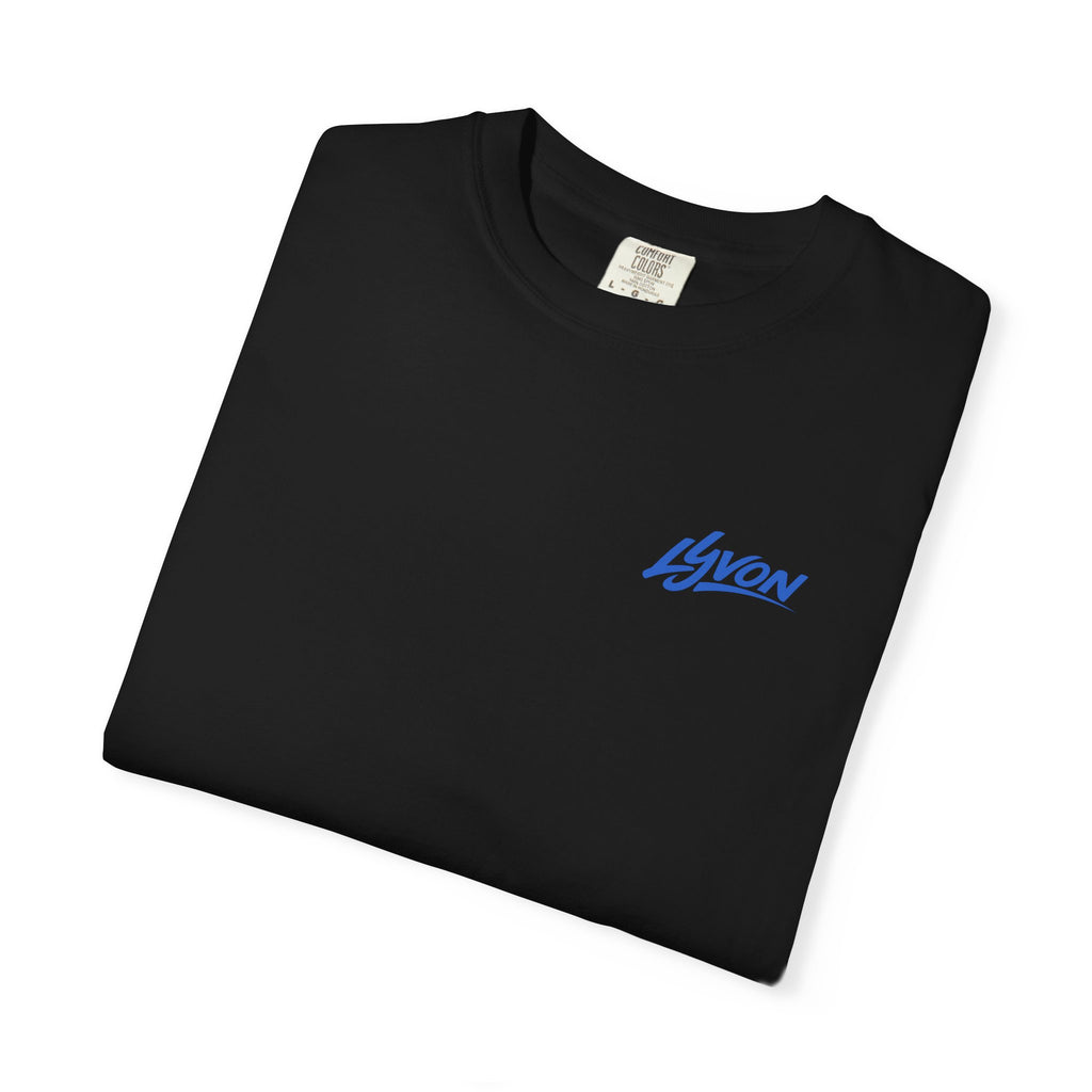 Lyvon Script Logo T‑Shirt — Retro Blue Graphic Tee (Front Chest & Back Print)