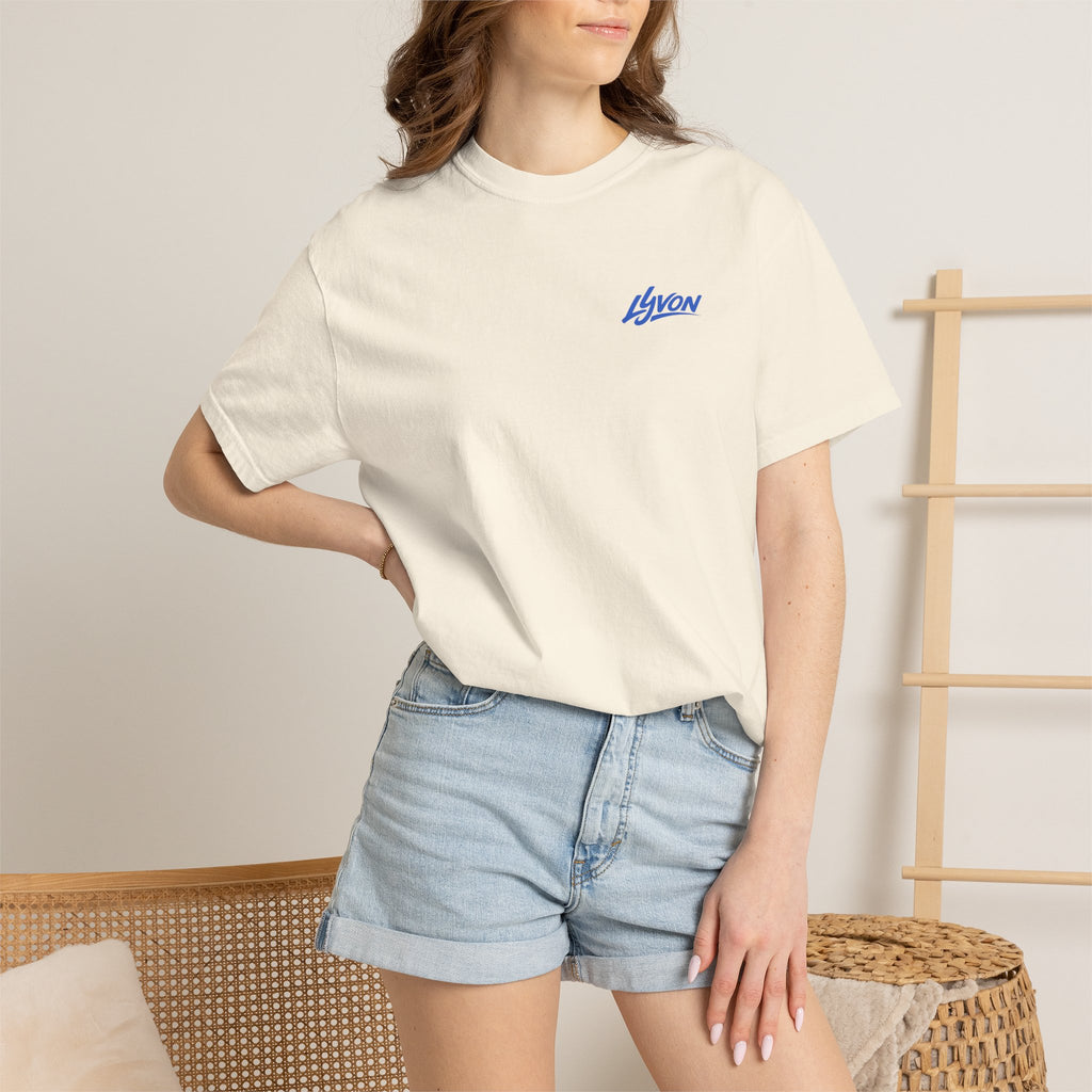 Lyvon Script Logo T‑Shirt — Retro Blue Graphic Tee (Front Chest & Back Print)