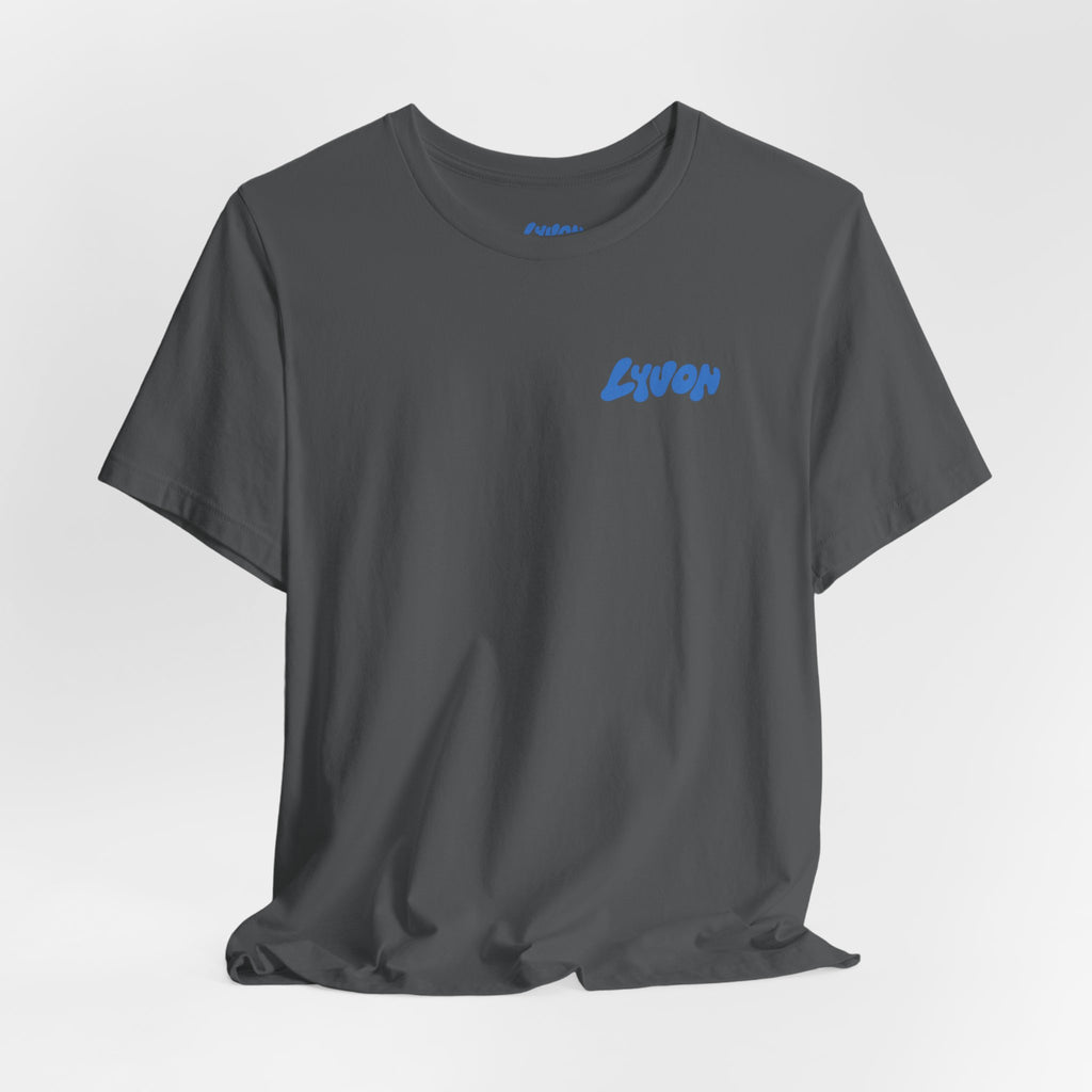 Lyvon Retro Wave Graphic Tee — Blue Logo Short Sleeve Shirt