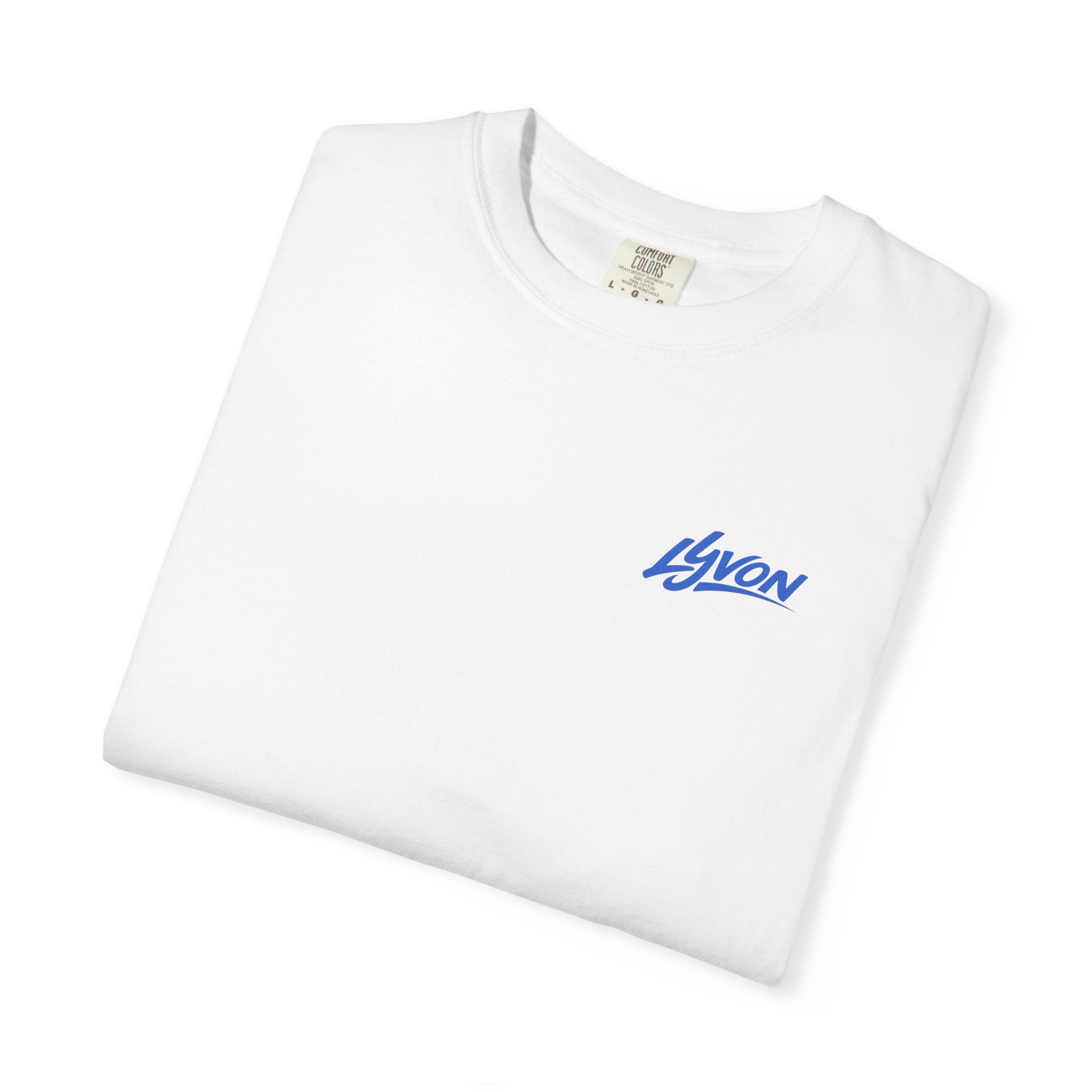 Lyvon Script Logo T‑Shirt — Retro Blue Graphic Tee (Front Chest & Back Print)