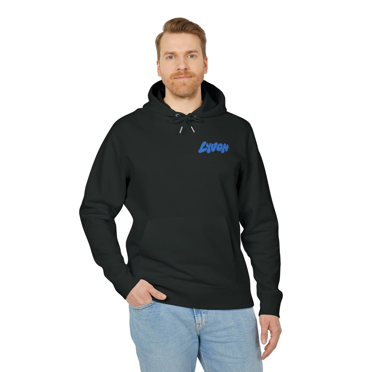 Hoodie — Retro Bubble Logo Hoodie ("LYUON" Blue on White)