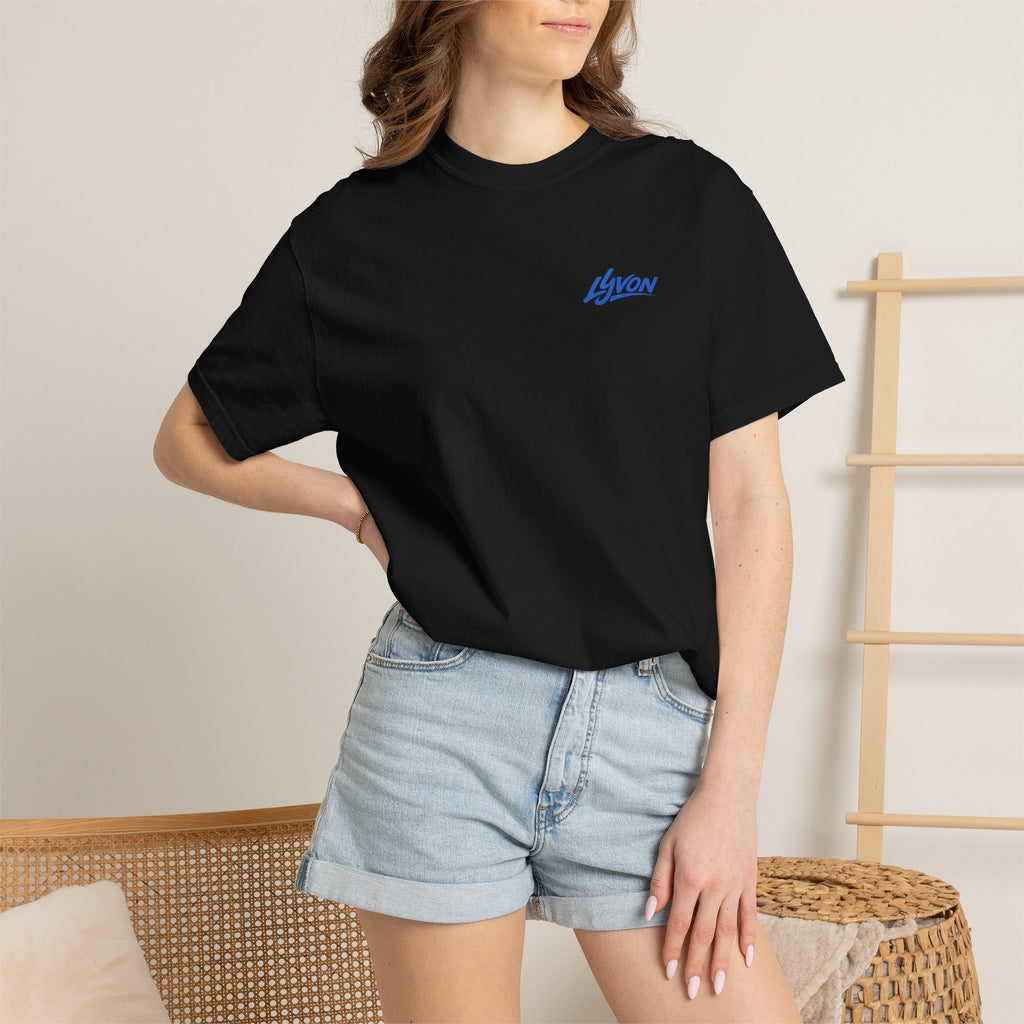 Lyvon Script Logo T‑Shirt — Retro Blue Graphic Tee (Front Chest & Back Print)